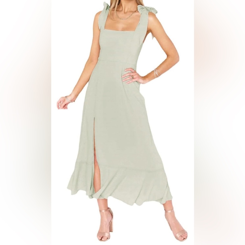 Bow straps, Square Neck Dress Ruffle Slit Maxi Dress Wedding Guest Dress